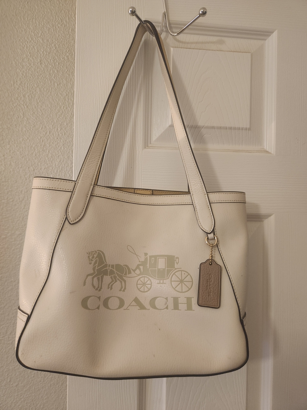 Coach Cream Leather Logo Tote with Tan Tag